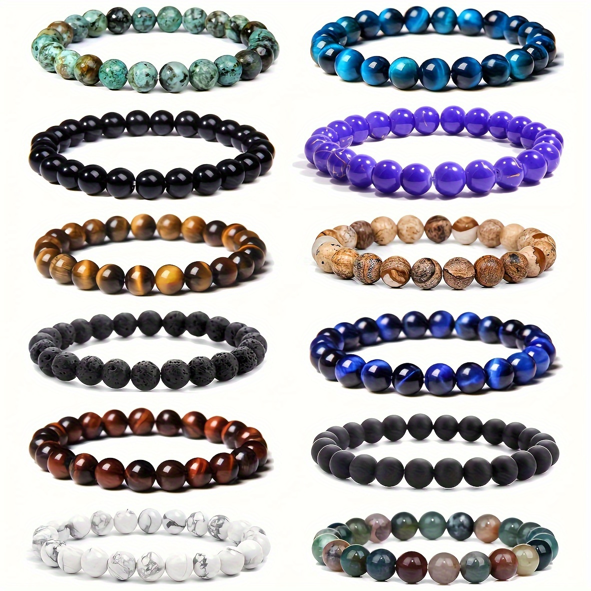 

12pcs Natural Gemstone Beaded Stretch Bracelets, Unisex Bead Bracelet, Match Daily Outfits, Party Accessories, Choose Your Color