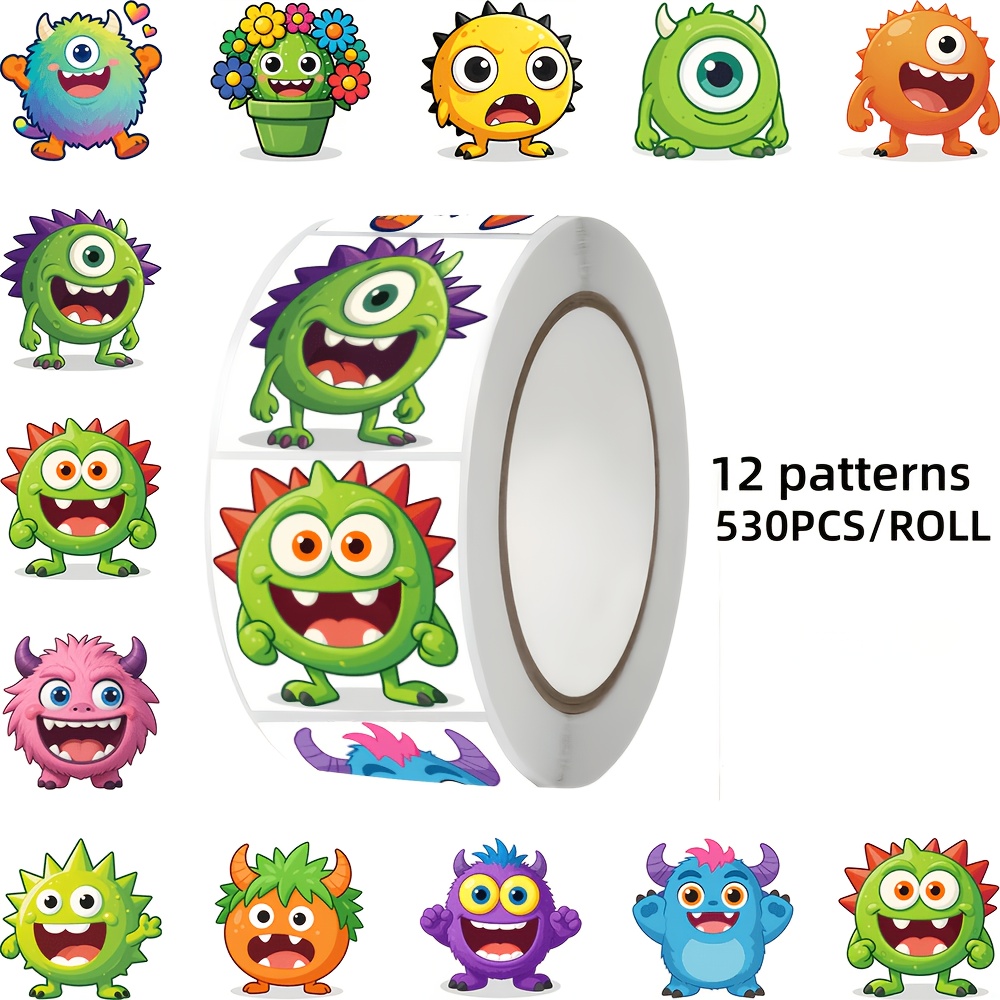 TEMU 530pcs Monster Themed Stickers, 12 Pattern Designs, Suitable For Decorating Laptops, Tablets, Notebooks, Envelopes, Gift Boxes, Luggage, Etc.,