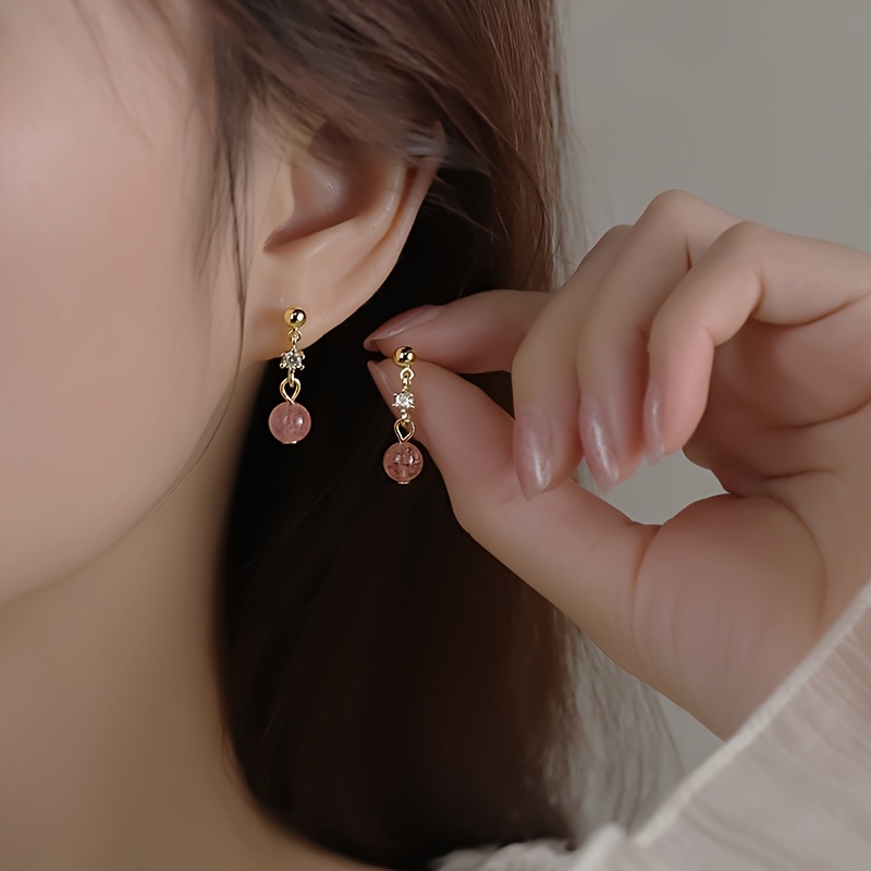 TEMU 2pcs Exquises Petites Boucles d'Oreilles en Quartz Fraise pour Femmes, Associées à de la , Adaptées à un Usage , aux , aux Mariages, à de des