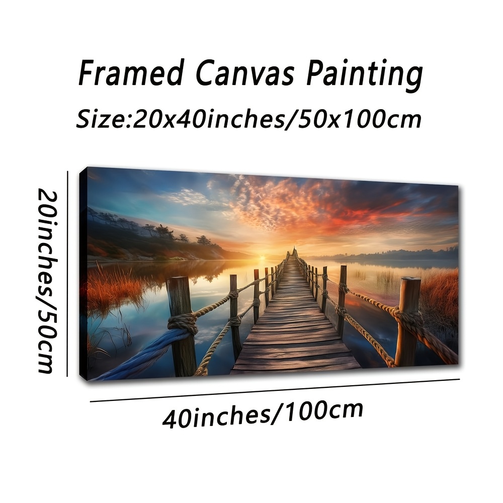 TEMU Large Framed Canvas Art - Sunset Lake Scenery With Wooden Bridge, Painting For Living Room, Office, Or Dining Room Decor, 20x40 Inches