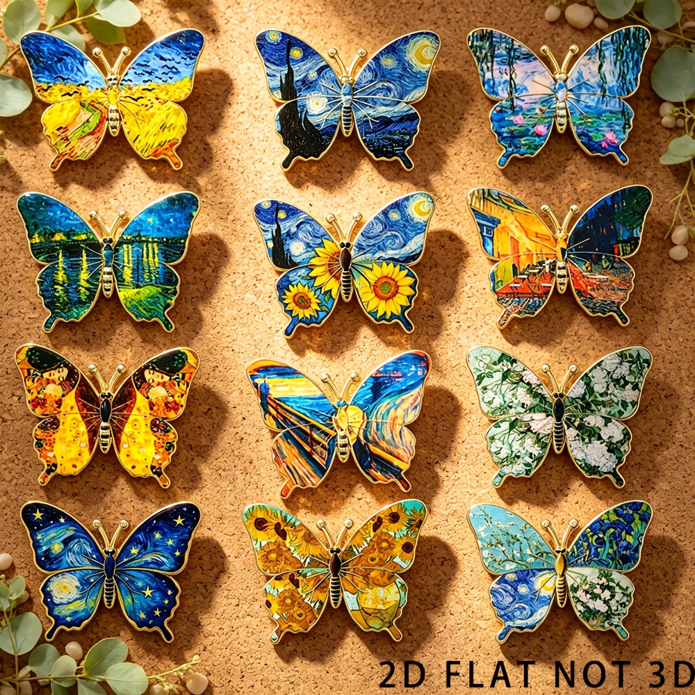 TEMU 12pcs Solevdo Enamel Lapel Pin Set Suitable For Jackets, Backpacks & Casual Outfits - Brooches With Iconic Oil Painting Art, Insect-themed