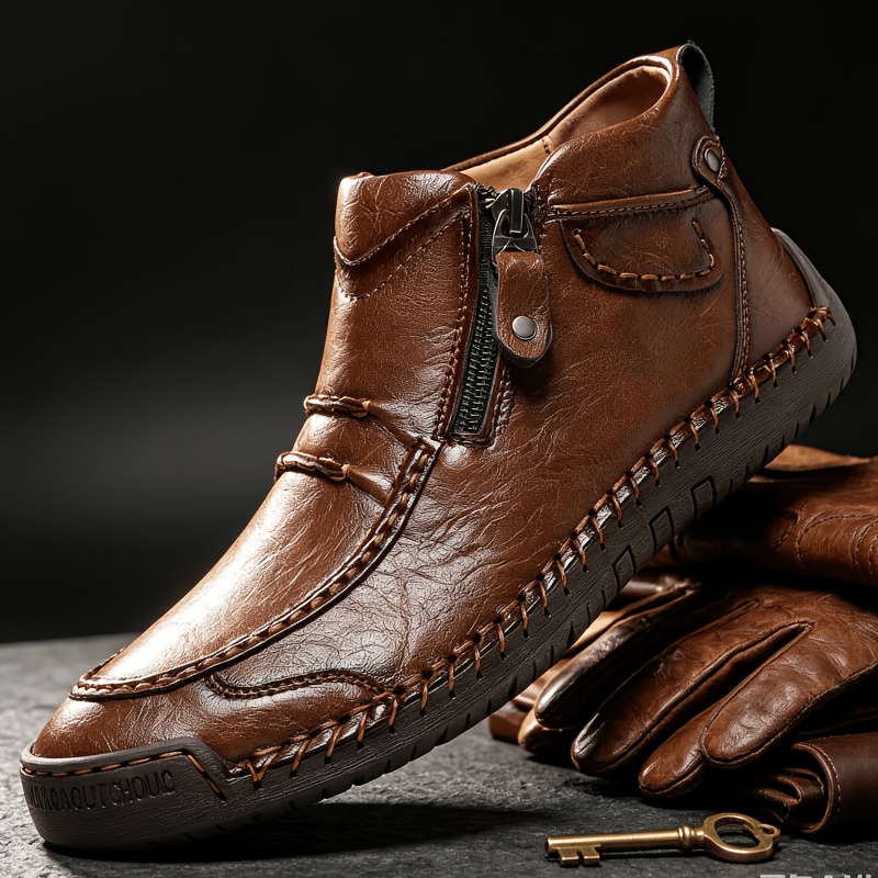 TEMU Men Hand-stitched Ankle Boots, Side Metal Zipper Soft Comfortable Casual Booties, Flexible Non-slip Hand-sewn Sole Outdoor Driving Short Boots,