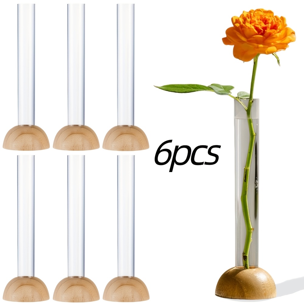 TEMU 6pcs Transparent Glass Tubes With Bamboo Base Vase For Tabletop Flower Arrangements And Water Preservation, Suitable For Living Room, Bedroom,