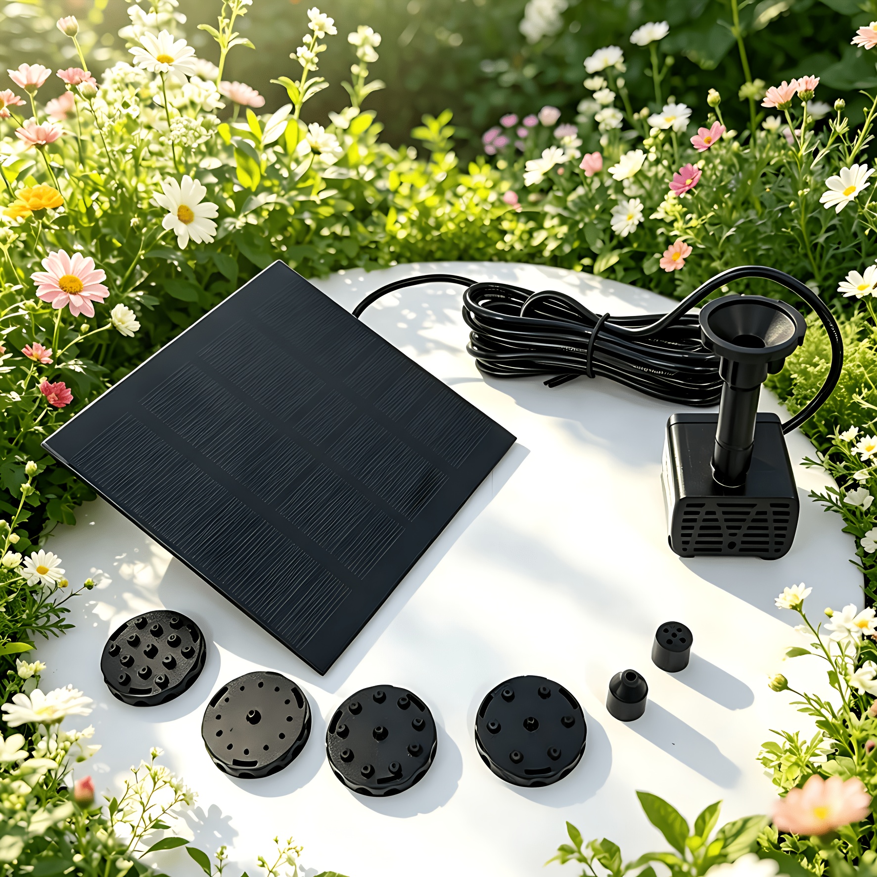 TEMU Birdbath Floating Fountain Pump With 6 Spray Nozzles For 6 Fountain Patterns, Has An Ipx8 Rating, And Is Designed As A Landscape Water Sprayer