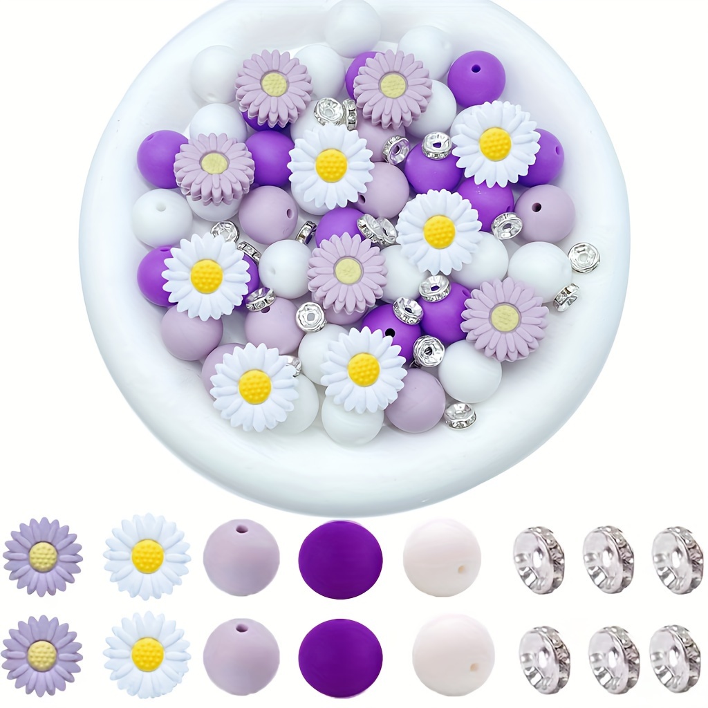 

70-piece Silicone Daisy & Sunflower Bead Set - 15mm Round & 20mm Flower Shapes In Assorted Colors For Diy Bracelets, Necklaces, Keychains, And Home Decor Crafts