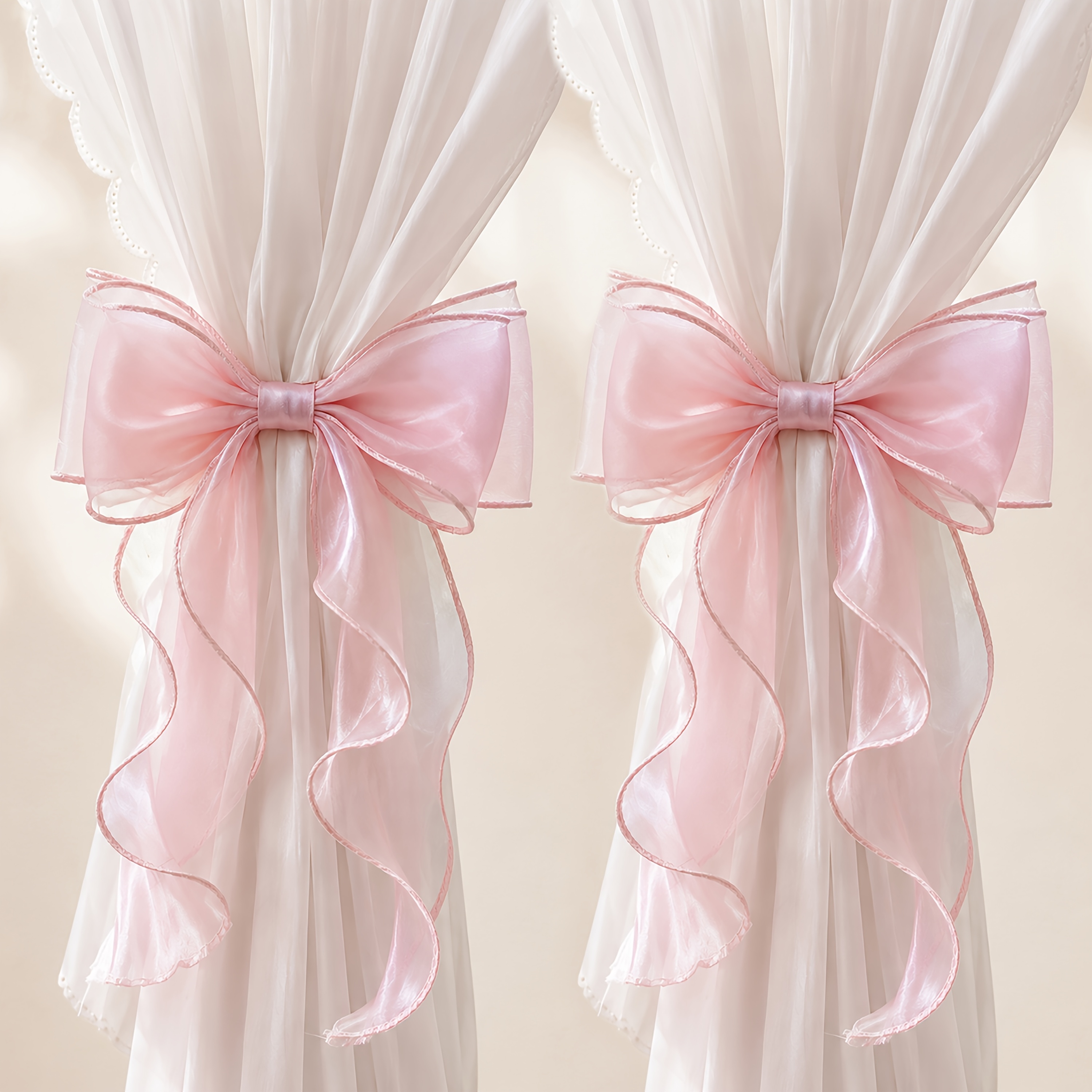 Image of 2pcs French Style Bow Curtain Tiebacks, Tulle Ribbon Curtain Ties, Multi Color No Drill Curtain Tie Backs For Sheer Curtains And Regular Curtains, Bedroom Living Room Decor