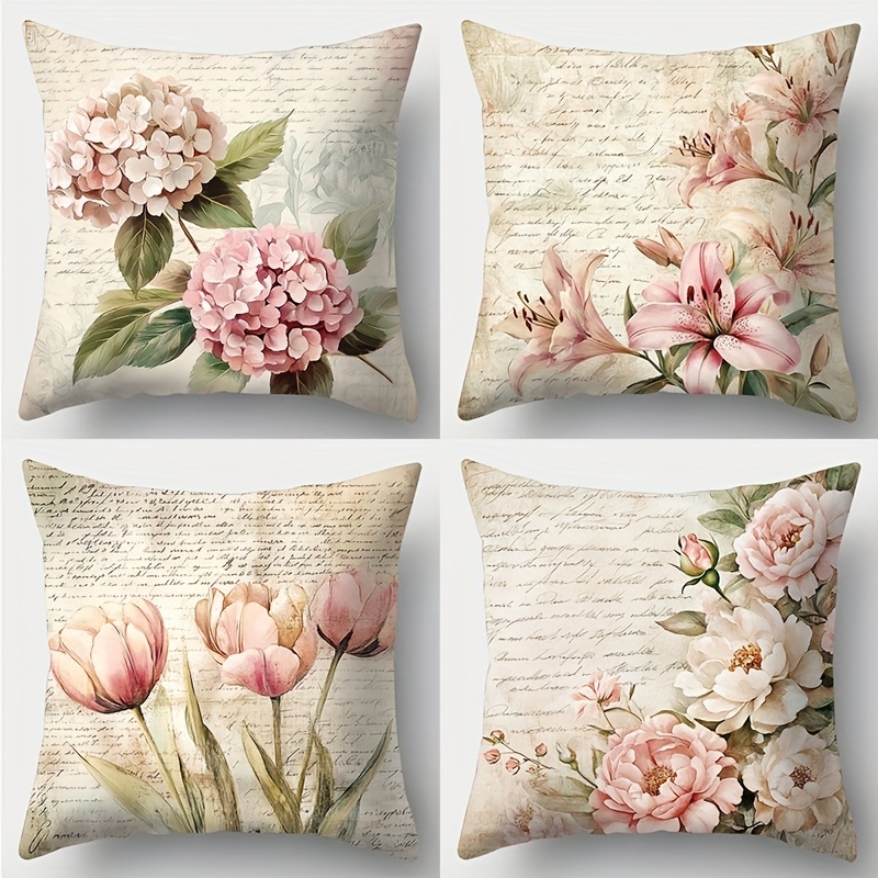 TEMU 4 piezas de fundas de almohada florales para y verano - Diseños de hidráginea, , y peonia con de script vintage, poliéster, lavable en máquina -