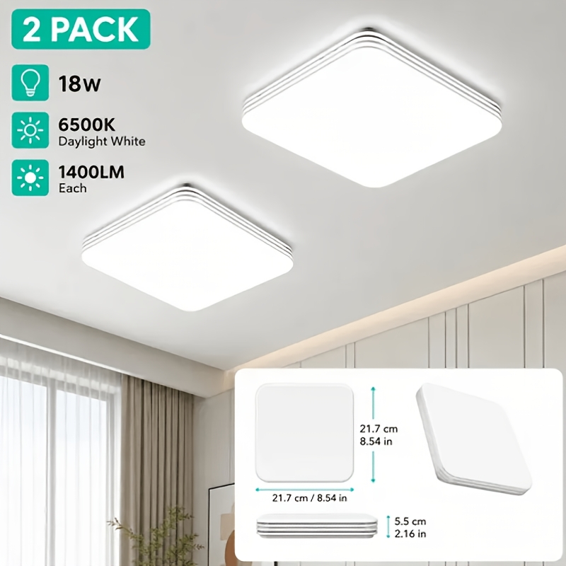 2-pack Led Ceiling Lights, 18w 6500k Daylight White, Ultra-thin Square Recessed Ceiling Lights, 1400 , Modern Surface Mount Fixtures, Suitable For Bedrooms, , Living Rooms, And Kitchens