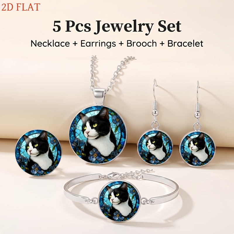 5pc Black & White Cat Jewelry Set with Blue Flower Round Glass Top