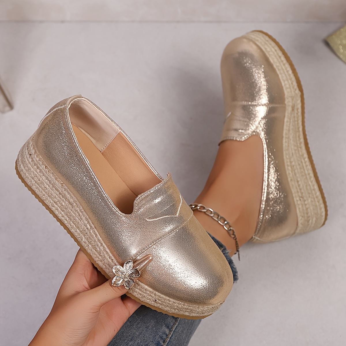 womens fashion golden glossy wedge loafers lightweight - Temu