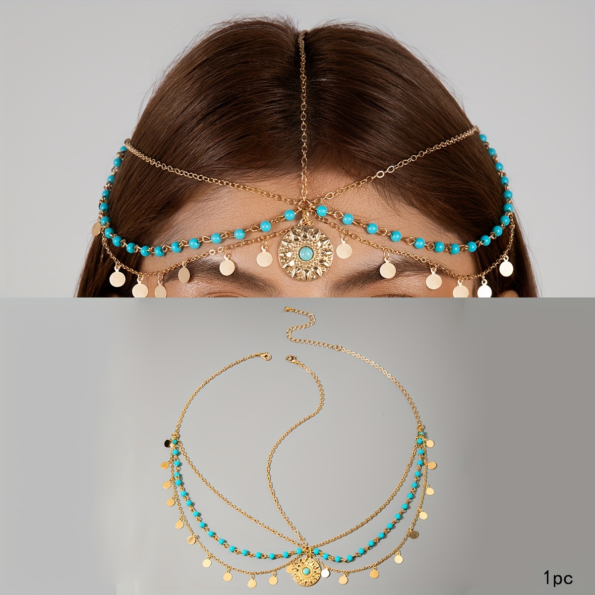 TEMU 1pc Collar de moda y elegante con disco de metal con incrustaciones de , acrílica con cuentas redondas, cadena de con borlas multicapa, ideal