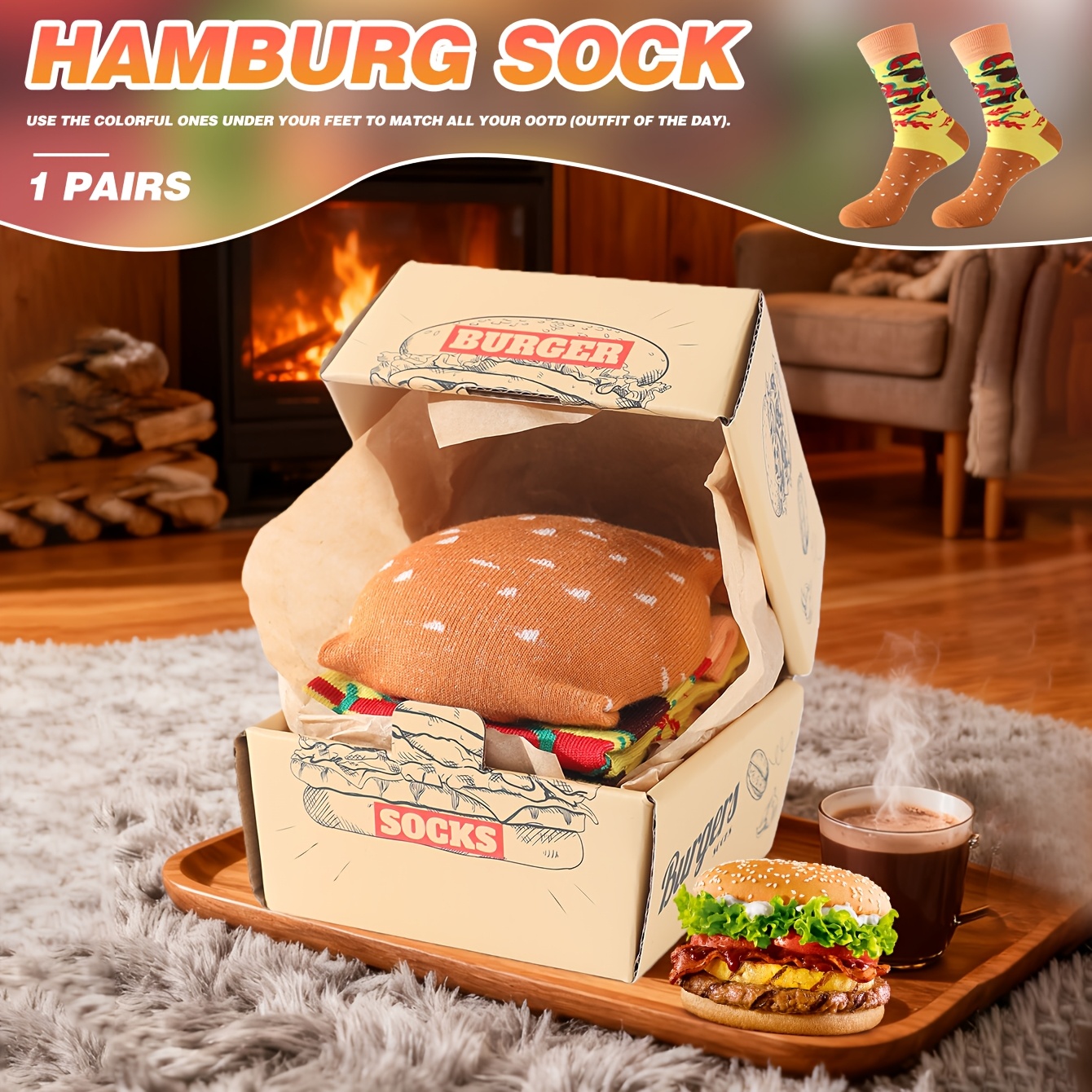 TEMU 1 Pair Novelty And Fun Colorful Hamburger Socks In A Gift Box, Suitable For , As An Ideal Gift For Valentine's Day/carnival/ramadan/'s