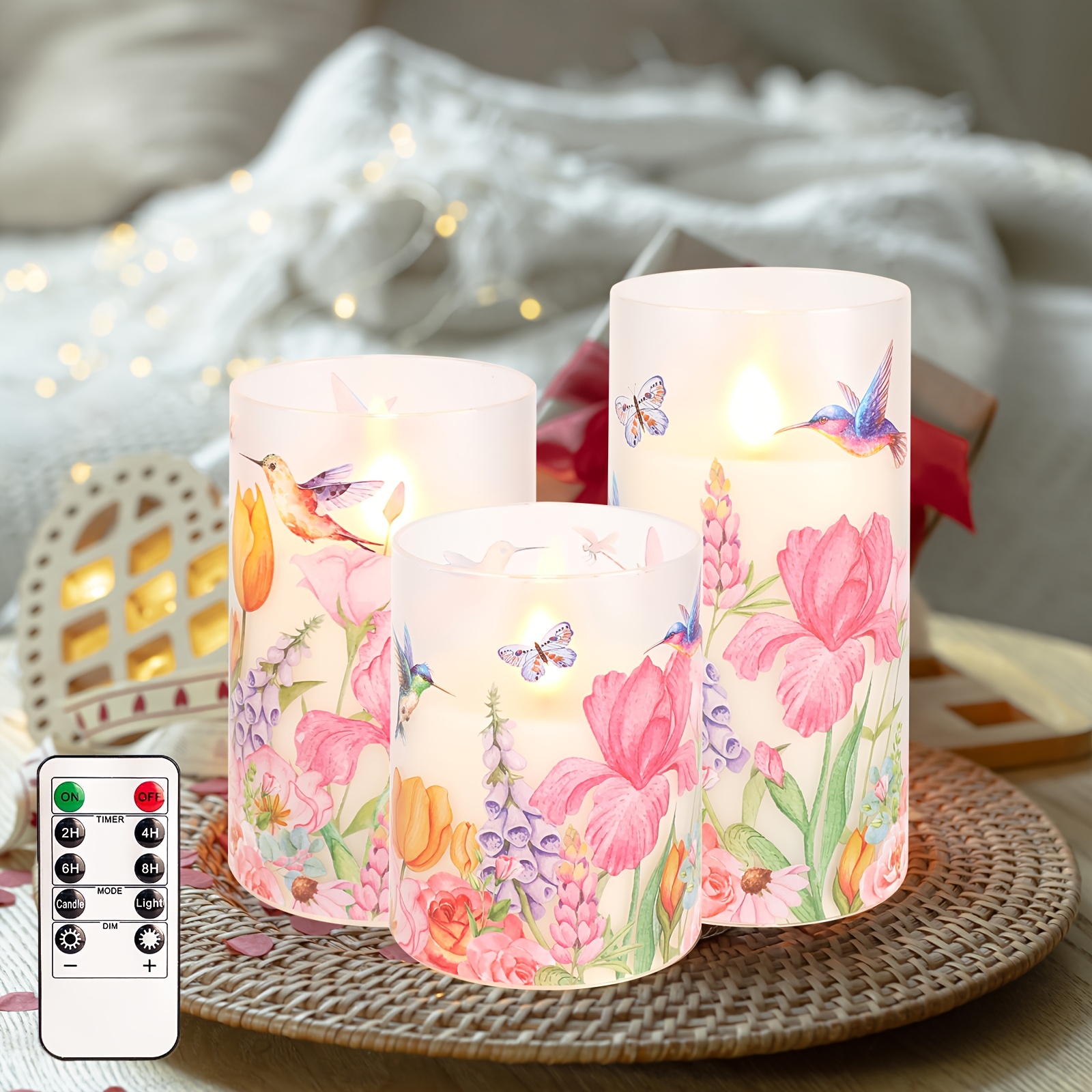 TEMU 3pcs Plastic Flameless Candles With Remote Control Timer, Battery Powered Candles Hummingbird Flickering Led Candles Floral Christmas Holiday
