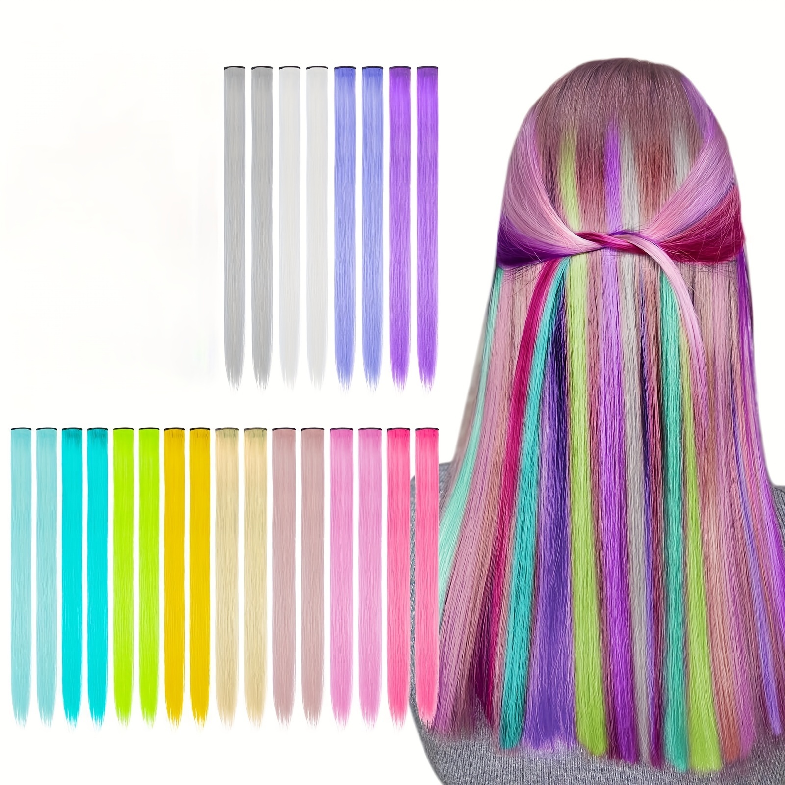 

Rainbow Clip-in Hair Extensions 20pcs, 20 Inch Colorful Synthetic Hairpieces For Girls, Easter Basket Stuffers, Party Highlights, Temporary Hair Coloring Accessories - Random Colors