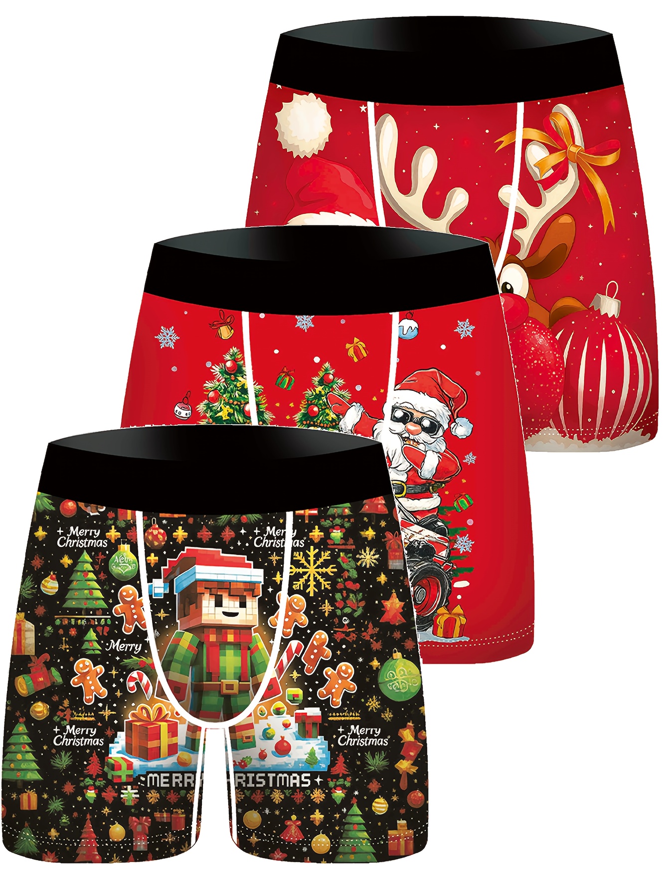 3-Pack Christmas Cartoon Digital Print Men's Underwear, Casual Boxer Briefs, Breathable Comfortable Stretch Boxer Shorts, Sports Shorts