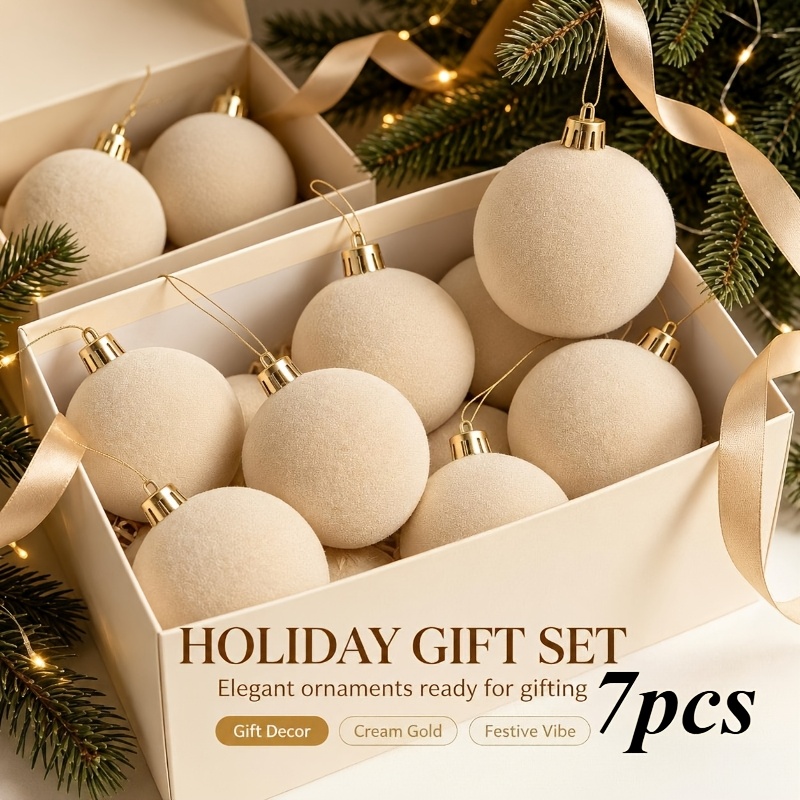TEMU 7pcs Cream White Flocked Christmas Ornament Ball With Golden Hanging Rope, For Home Party Window Holiday Decoration