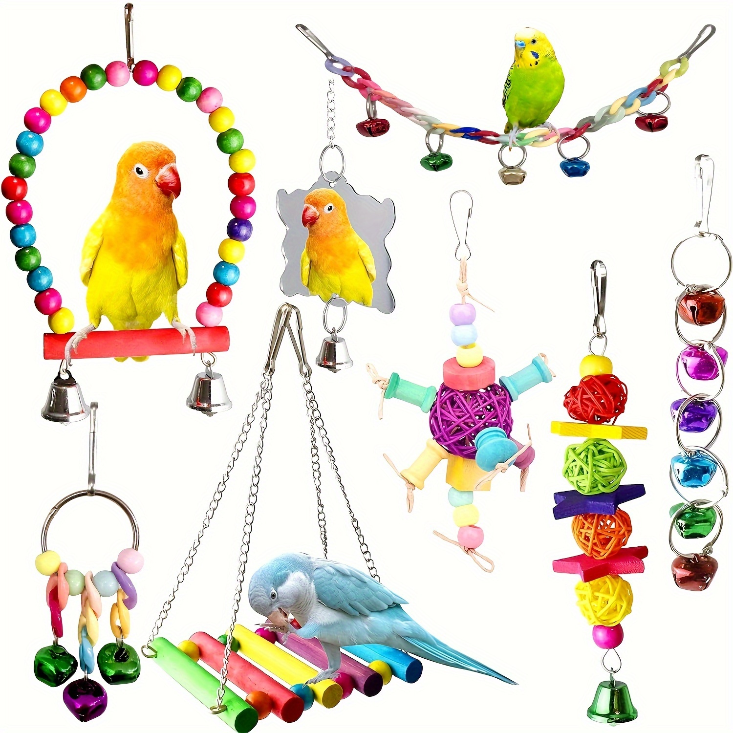 

Parrot Playset With Swing, Chew Toys & Mirror - Wooden Cage Accessories For Small To Medium Birds