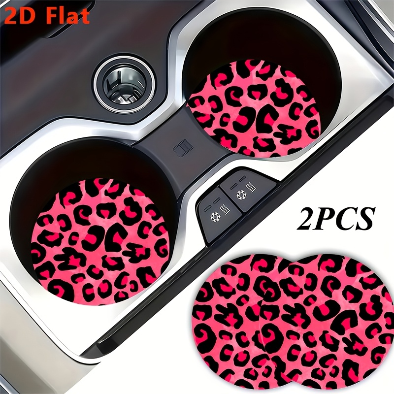TEMU 2d Flat, 2pcs Hot Pink Leopard Print Cup Holder Coasters, Vehicle Accessory, Non-slip Vehicle Beverage Mat For Woman And Man, Universal Drink