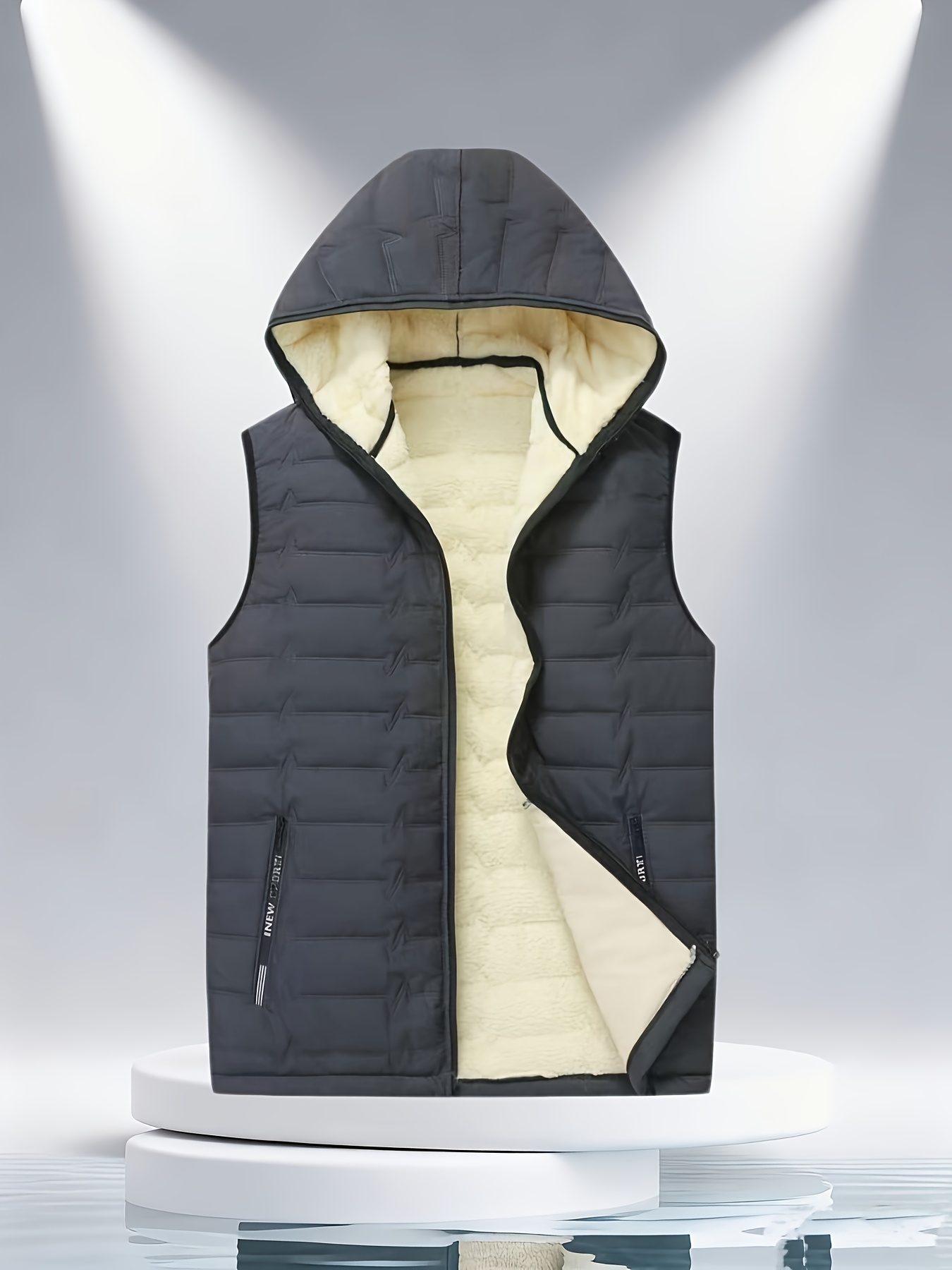 Men'S Hooded Fleece Warm Vest Jacket, Windproof Cold-Resistant Zipper to Hood Practical Vest Coat