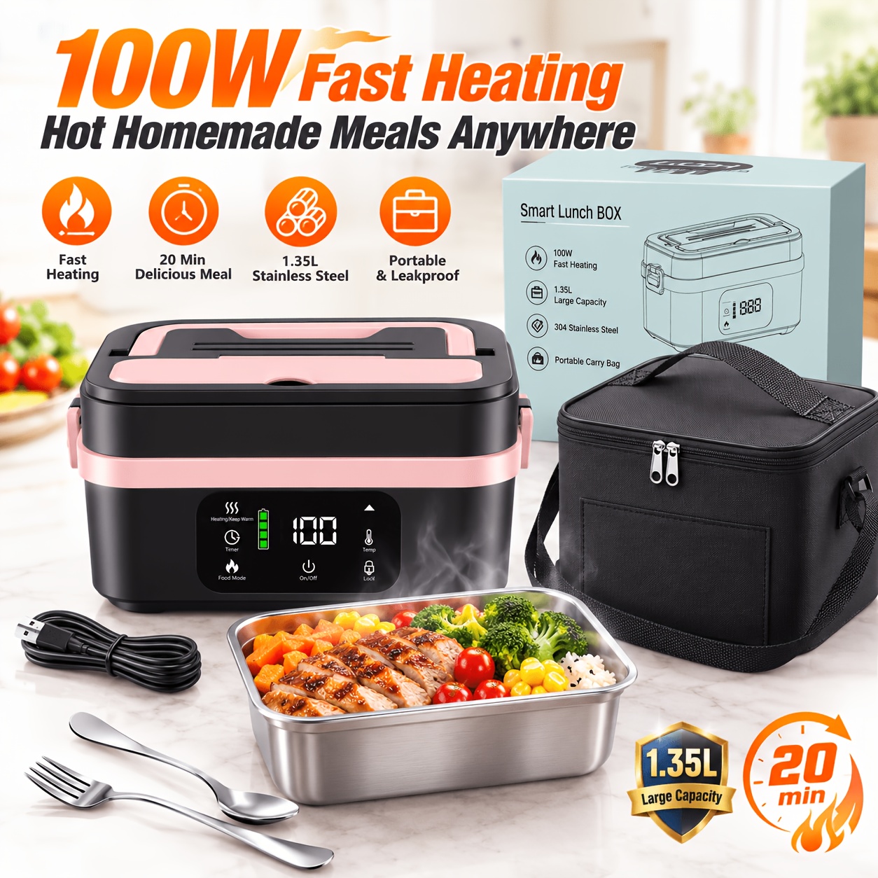 TEMU Fiambrera portátil inalámbrica con calefacción, 20000Mah, gran capacidad, calentador de alimentos recargable, pantalla digital y calentamiento