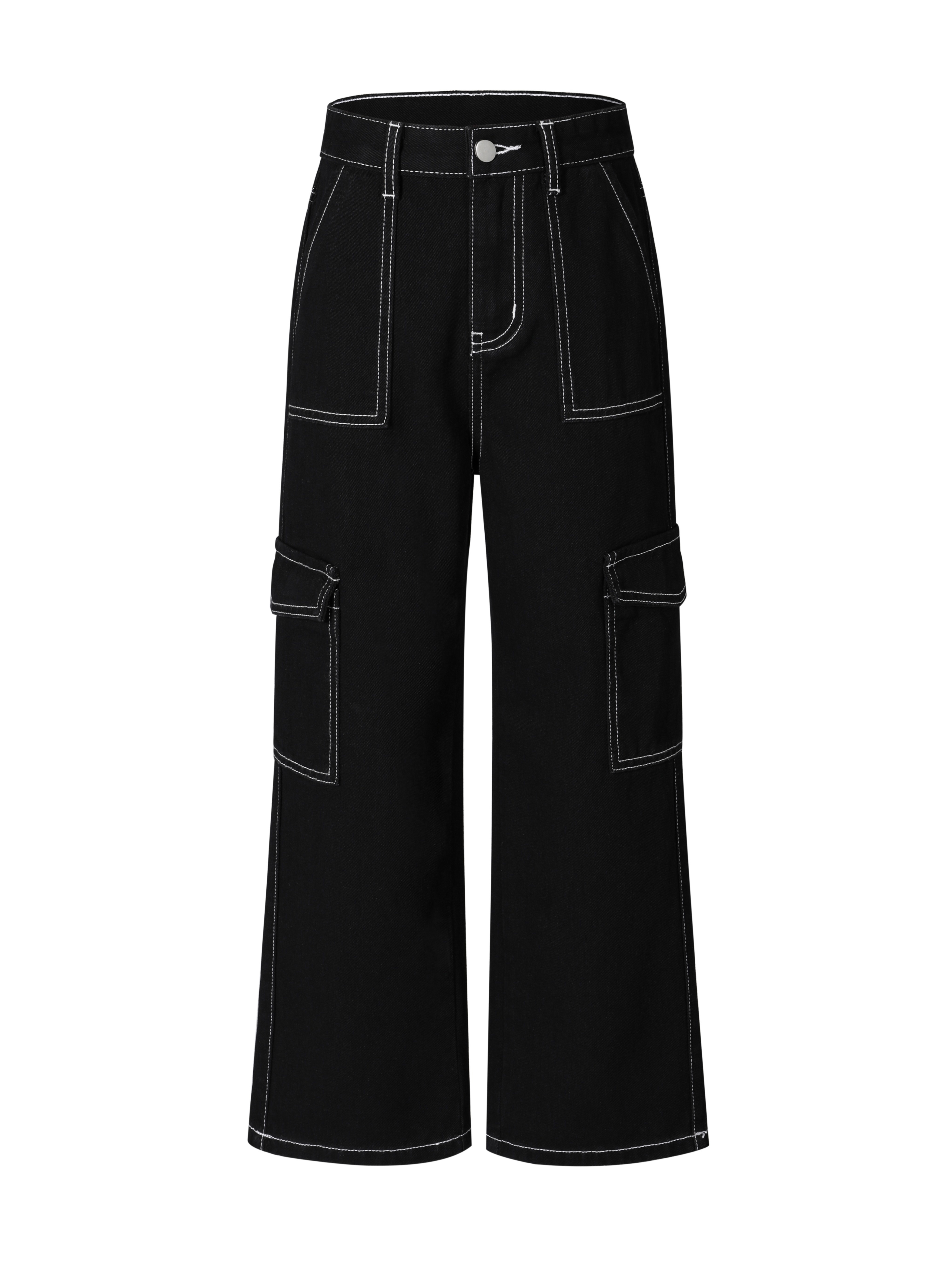 girls trendy high waist line stitching wide leg pocket cargo jeans versatile denim pants