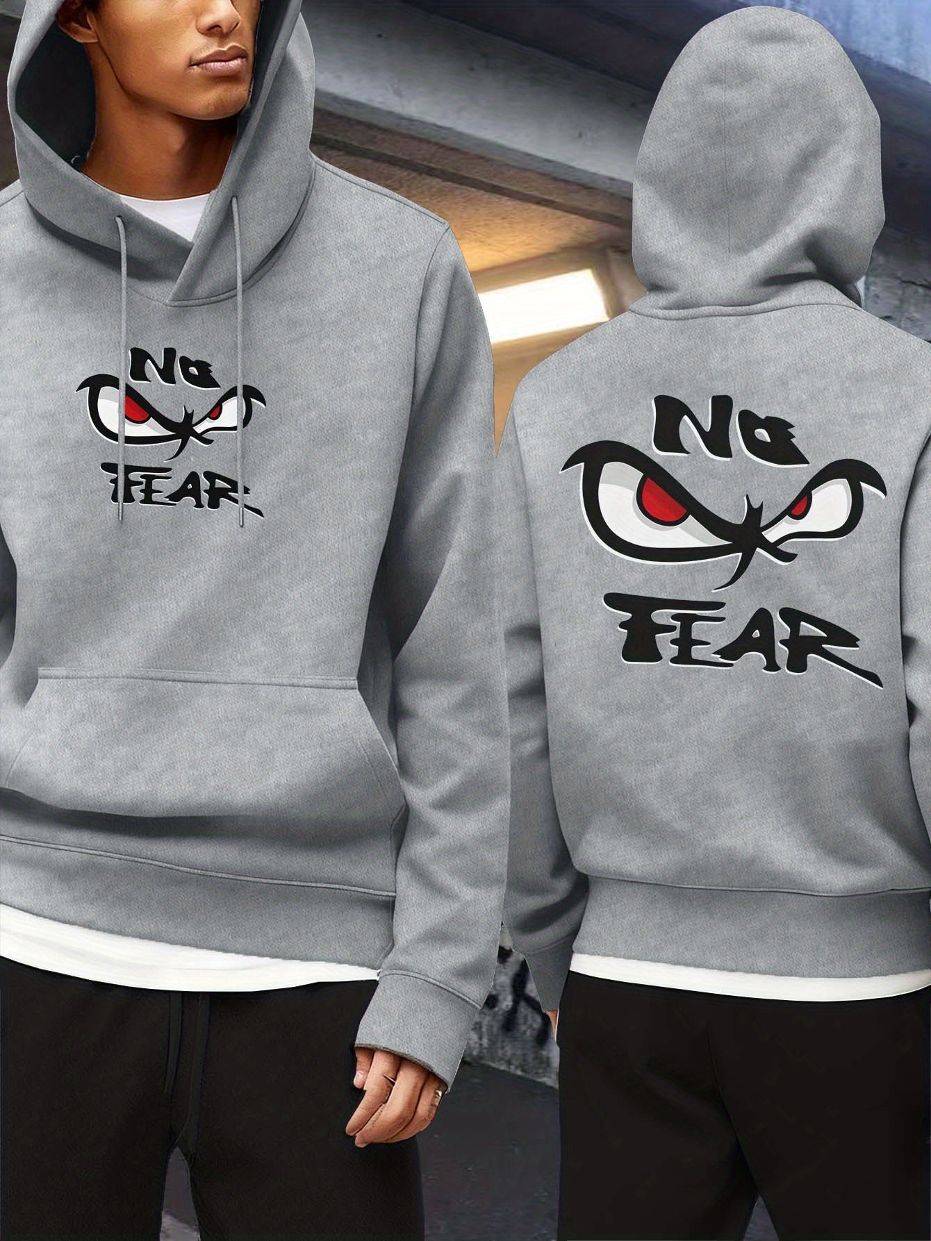 Verdikte herensweater met capuchon, gloeiende ogen en "Geen angst