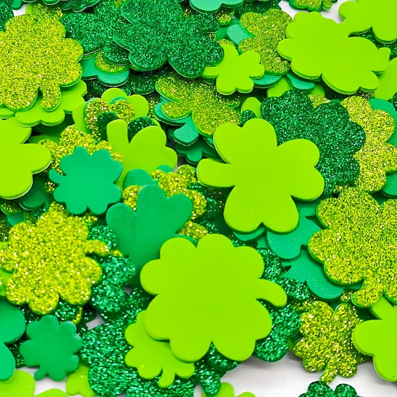 Image of 100pcs Clover Glitter Self-adhesive Foam Stickers, Holiday Party Decoration Supplies, A Festive Atmosphere To Your Holiday Party