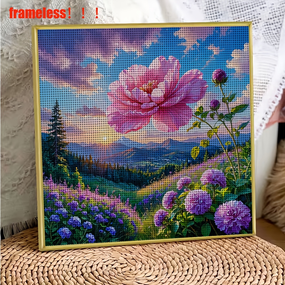 DIY Cross-Stitch Printed Kit, Giant Flower Landscape at Dawn