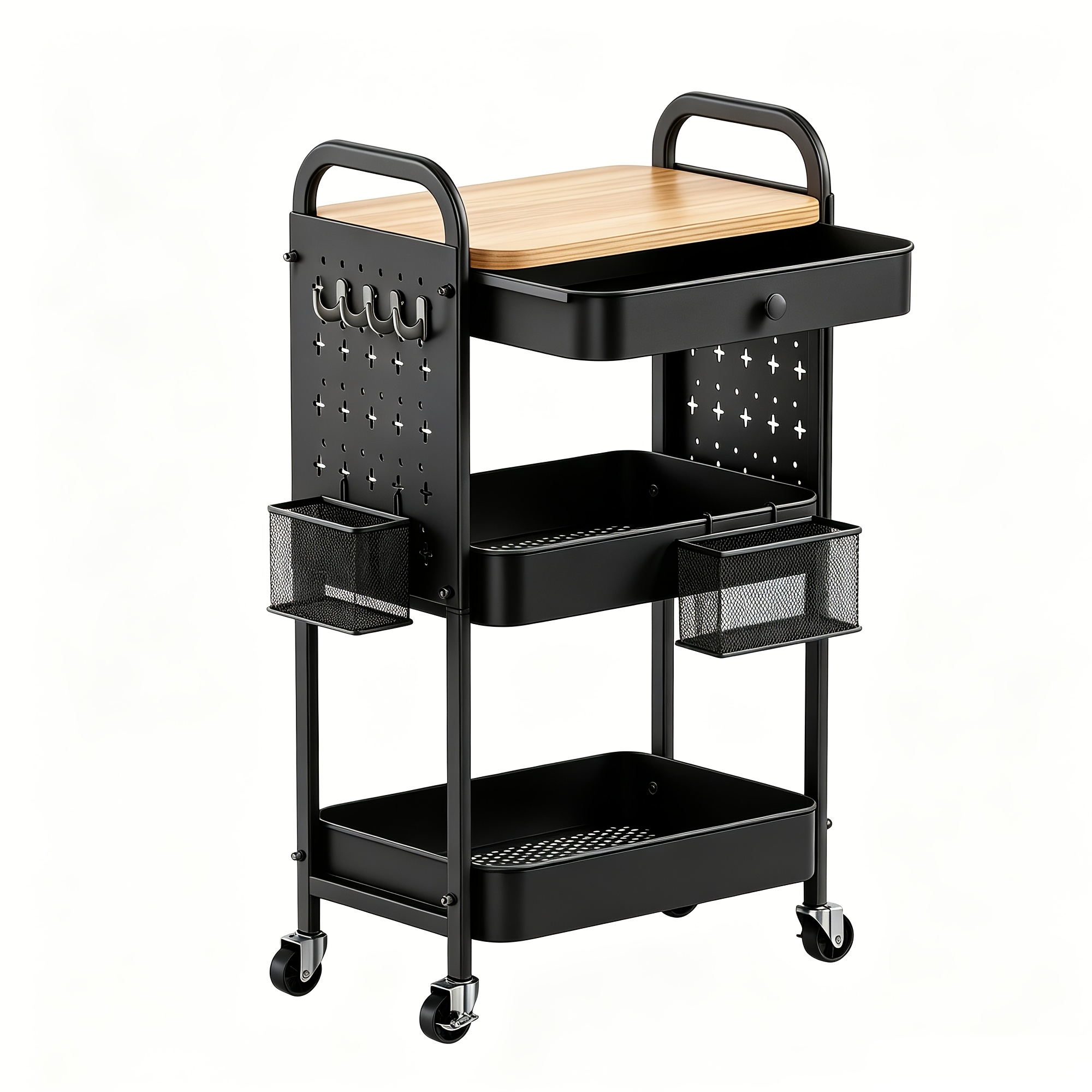 Image of Rolling Cart With Drawer And Wood Table Top, 3 Tier Metal Rolling Utility Cart On Wheels With Diy Pegboards, Hanging Baskets, Hooks For Bedroom, Office, Craft Supplies