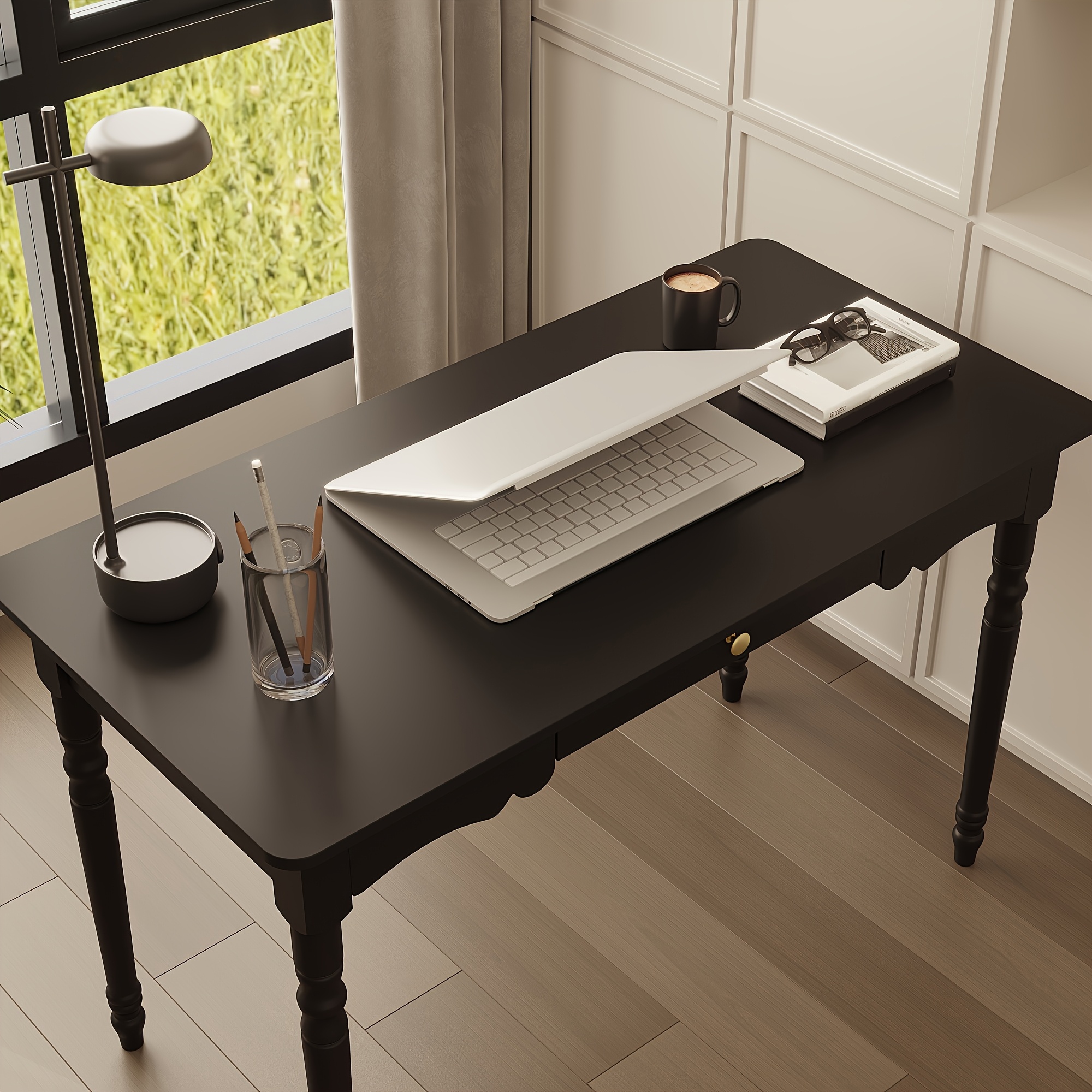 47.2'' Classic Rubberwood Writing Desk with Artistic Legs And Storage Drawer, Modern Computer Desk Workstation with Spacious Desktop, Timeless Design for Home And Office, Black