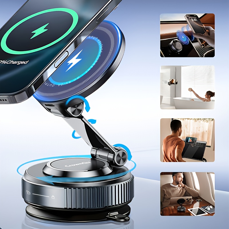 15w super strong magnetic wireless charging phone holder foldable   with rotating 360 suction cup for iphone   desktop live streaming suitable for cars gym   surface   magnetic ring 0
