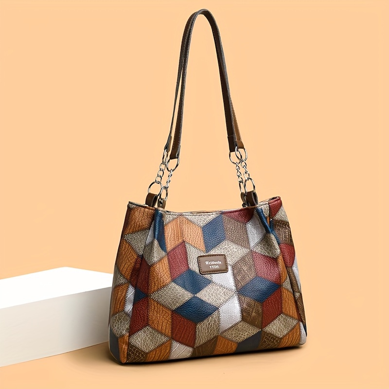

Women's Retro Style Geometric Diamond Pattern Tote Bag, Large Capacity, Pu Leather Shoulder Handbag For Daily Use