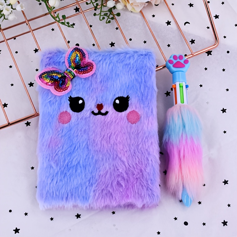 TEMU 2pcs Set With Pen, Notebook Set, Cat Plush Notebook, Notebook, Notepad, Diary, Memo Pad, Cat Paw Fur Pen, Four-color Ballpoint Pen, Ballpoint