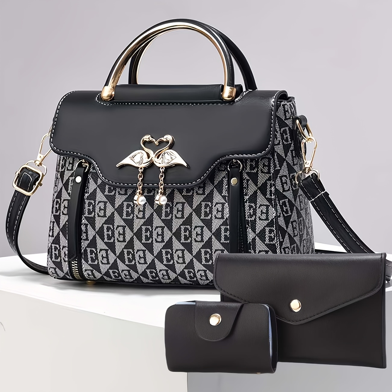 3pcs Women's Handbag Set, Swan Decor Top-Handle Tote Bag with Card Holder &amp; Purse, Elegant Crossbody Shoulder Bag, Pink Synthetic Leather &amp; Letter Print, Casual &amp; Party Use image 8