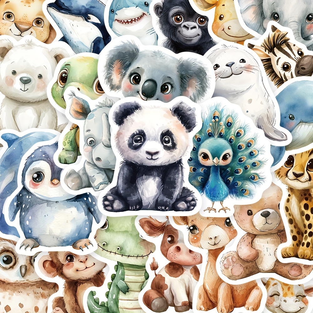 Image of 50-pack Cute Cartoon Watercolor Animal Stickers, Pvc, Waterproof Decals For Phone Cases, Laptops, Luggage, Tumblers, Decorative Vinyl Stickers By Ywwbld
