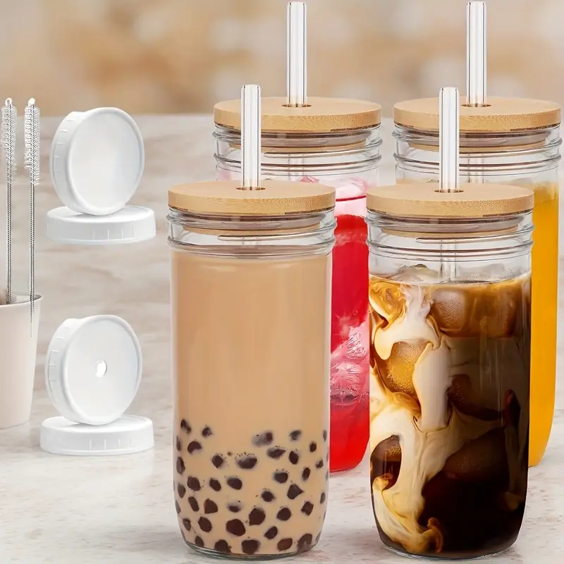 4pcs glass with bamboo lid straw 2 sealed lids reusable iced coffee cup travel mug holiday gifts Product details 0