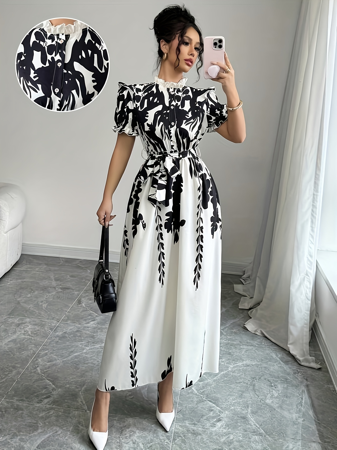 elegant floral print a-line dress with button waist and stand collar - black and white ruffle hem, summer party wear for women, | ruffle hem dress | polyester fabric | Shop Now