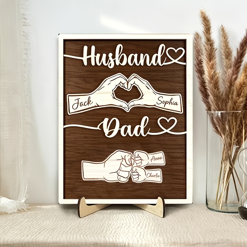 TEMU Custom Double-layer Wooden Personalized Husband Dad Wooden Decorative Plaque, Custom Name Handprint Wooden Sign, Father's Day Gift For Husband