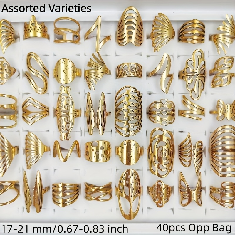 TEMU Wholesale 40pcs/pack Women's Fashion Stacked Ring Silvery And Golden Color Stainless Steel Material Men And Women's Hollow Ring Size 17mm-21mm