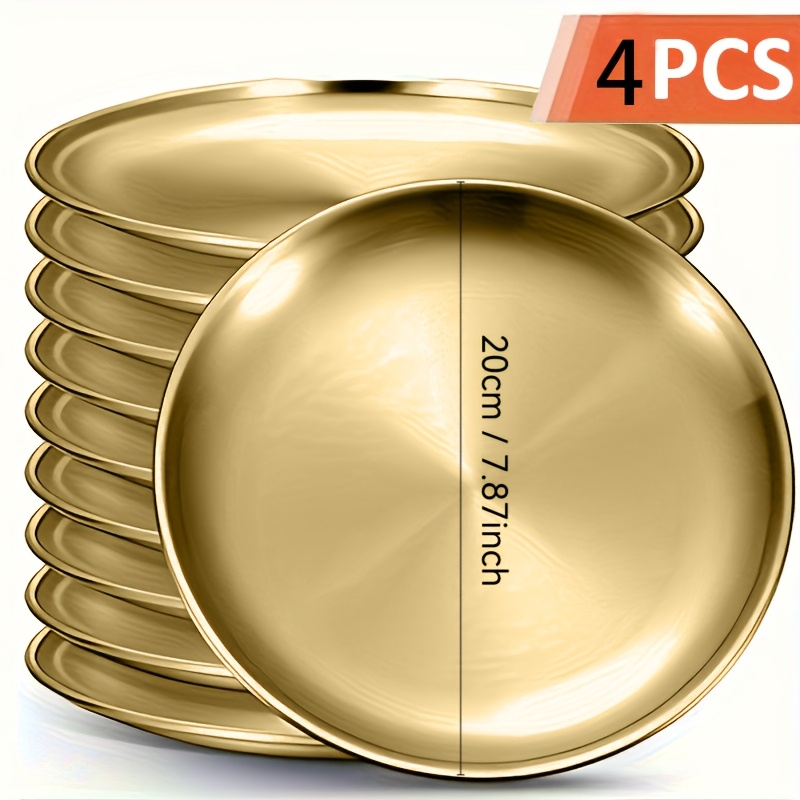 E-shop 4-teiliges goldenes Edelstahl-Essteller-Set, runde Teller in verschiedenen Größen mit Deckeln, Metallteller für Salat, Snacks, Desserts —