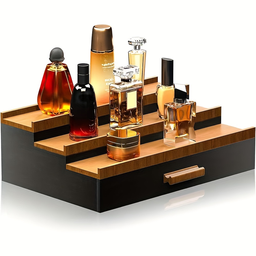 

Classic Wooden Cosmetic Organizer With Drawer - Hidden Compartment Perfume Display Stand, Ladder-style Storage Box For Home Decor