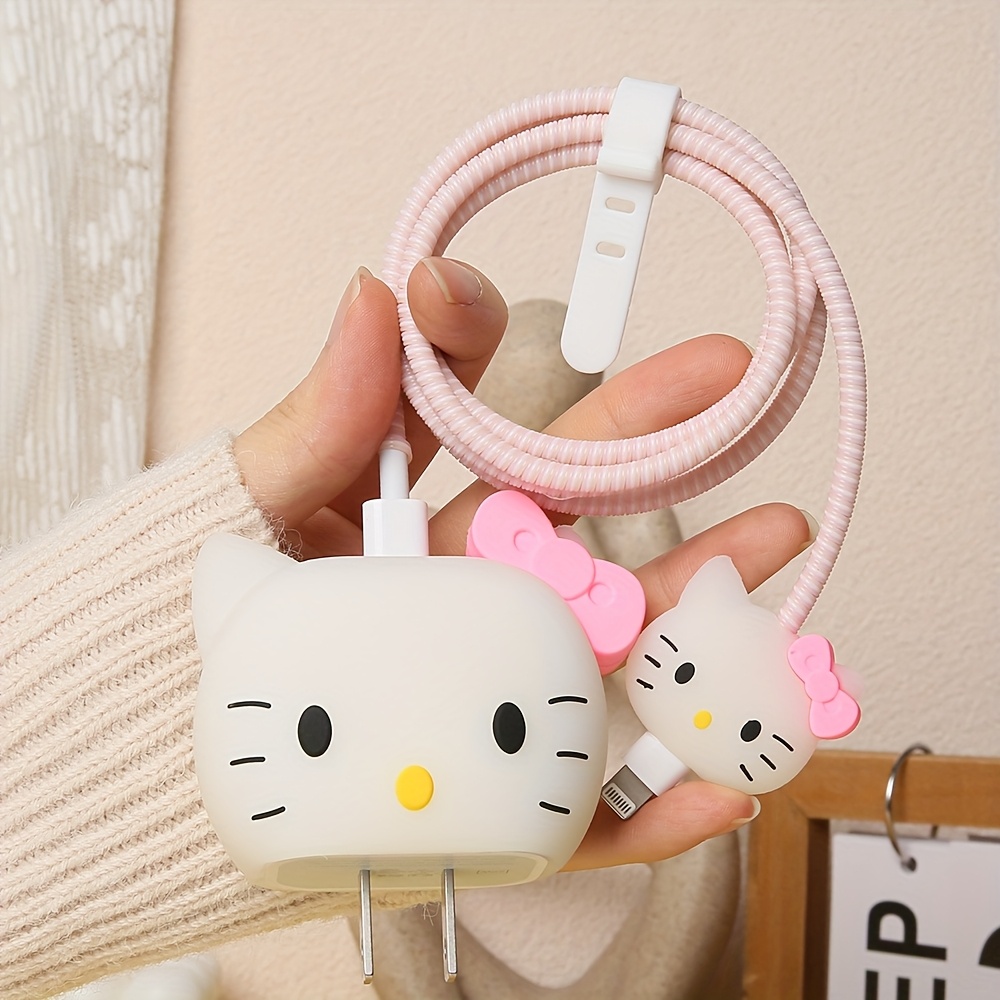 Cute Cartoon Series iPhone Quick Charger Protector 18W 20W iPhone 14 13 12 11 Pro Max Quick Charging Cable Charger Top Cover Cable Accessories Data Cable Protective Cover, (4-in-1)