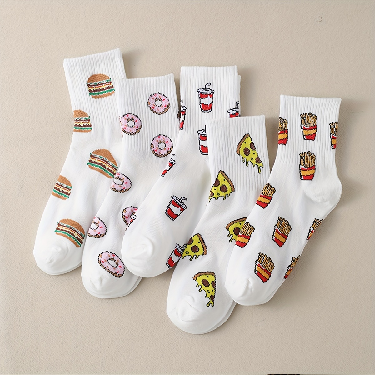 

5 Pairs Cartoon Food Socks, Stylish & Breathable Mid Tube Socks, Women's Stockings & Hosiery