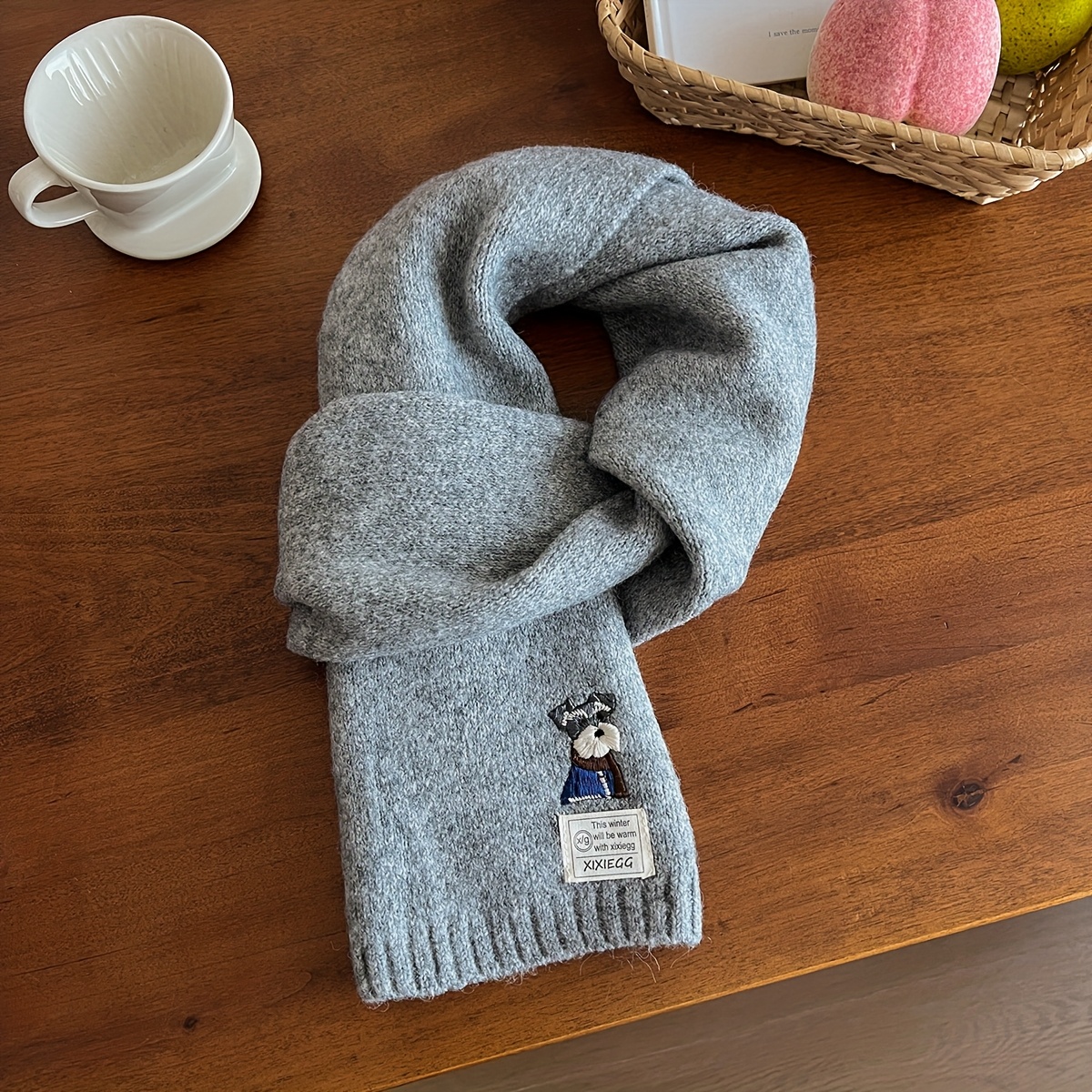 TEMU 1pc Of Wool Winter Embroidered Fold-ear Dog Wool Solid Color Scarf, Unisex -proof Single-color Versatile Neck Warmer, Elegant Cute Windproof