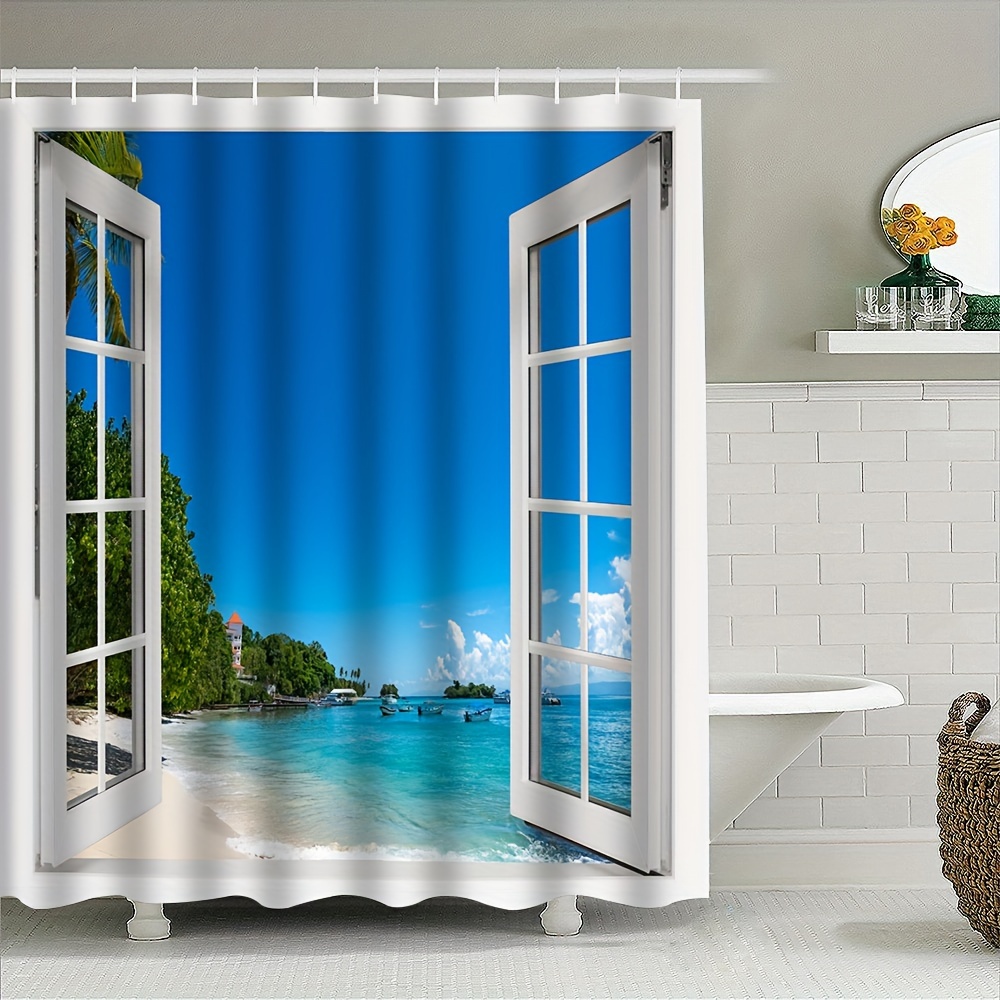 

Ocean View Shower Curtain - Waterproof, Durable Polyester With Seaside & Woods Print, Machine Washable Bathroom Decor, Privacy Window Drape