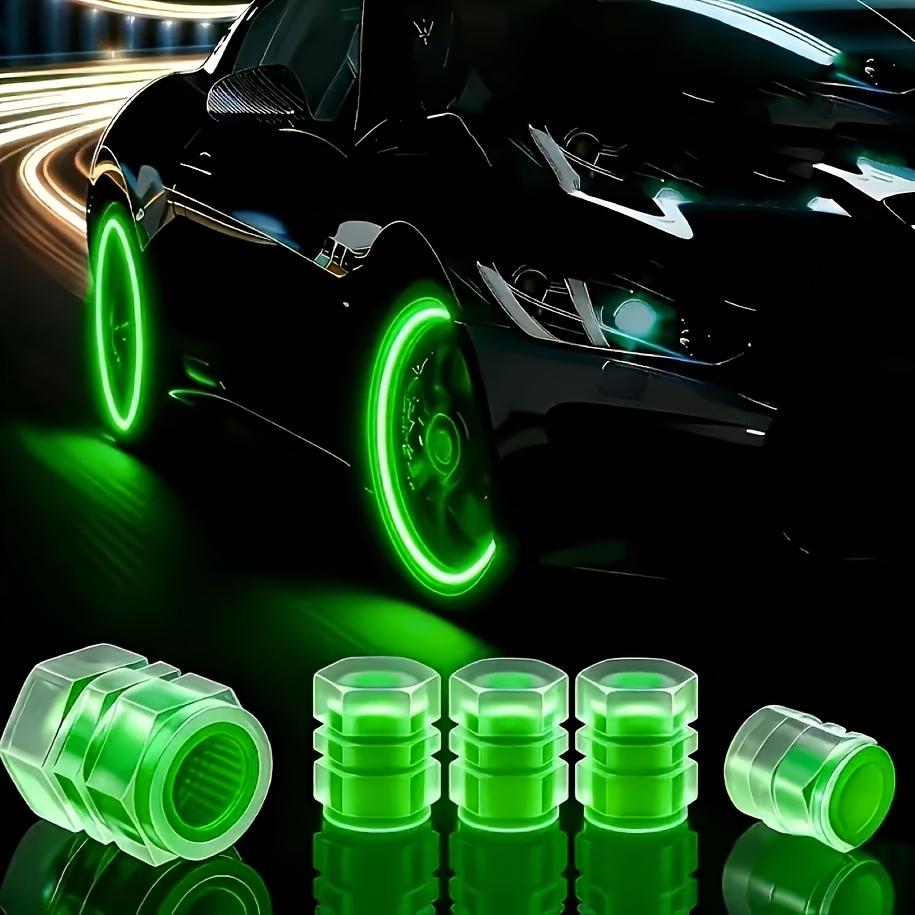Tapones de válvula de neumáticos fluorescentes que brillan en la oscuridad, nueva versión mejorada, juego de tapones de válvula fluorescentes, tapones de válvula universales para vehículos de material duradero, aptos para todo tipo de vehículos, incluidos coches, motocicletas, bicicletas, camiones