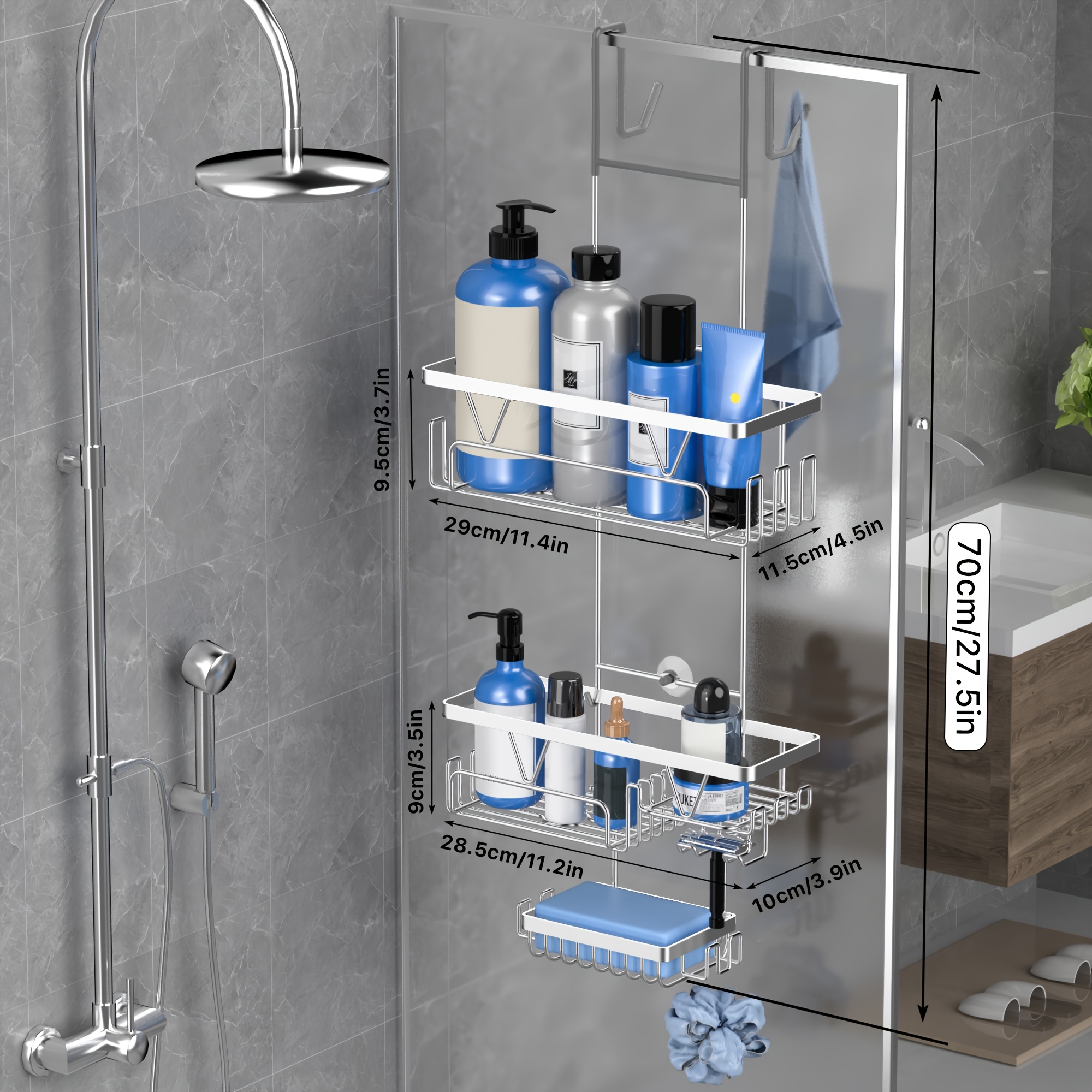 TEMU 1 Stainless Steel Non Drilling Installation Shower Rack, 3-layer Bathroom Storage Rack, With Hook Soap Rack, Rust Proof And Waterproof Shampoo