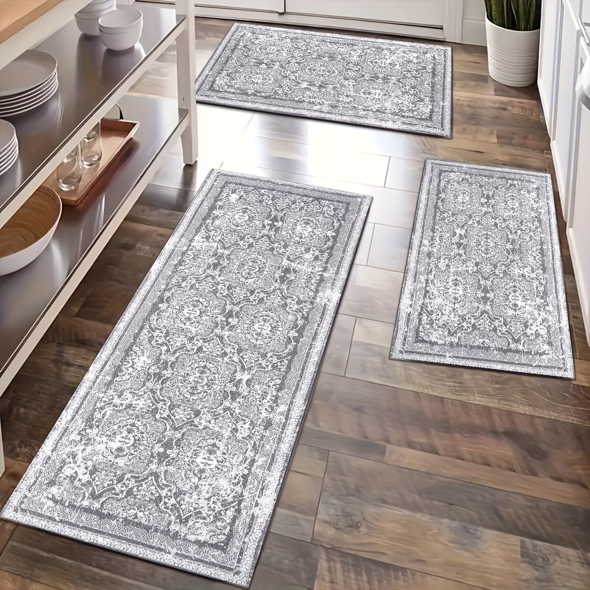 

Non-slip Machine Washable Braided Kitchen Mat Set, Polyester Floor Runner With Pvc Backing, Medium Pile Rectangle Rug For Kitchen, Bedroom, And Laundry, European Floral , No Large Sizes