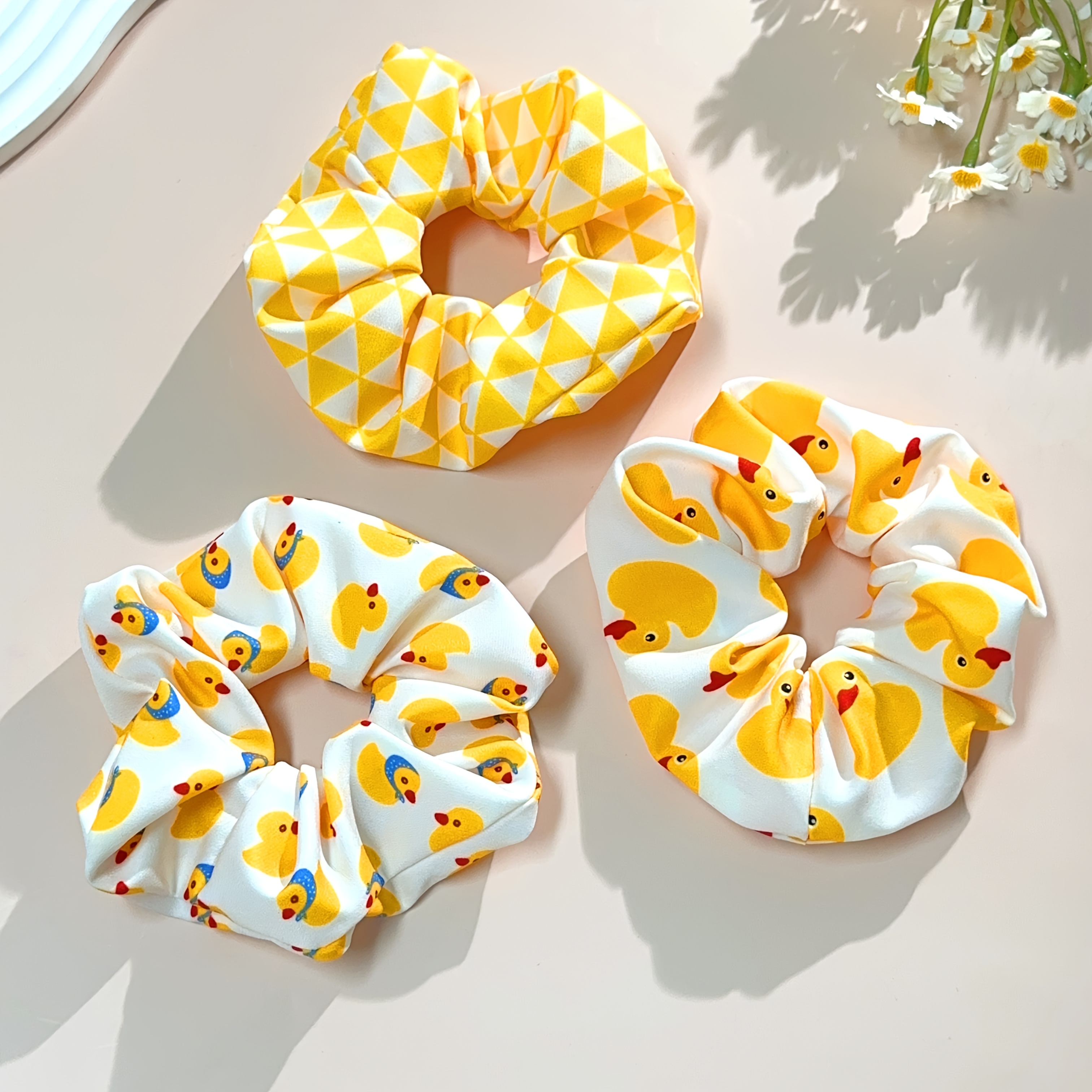 TEMU 3pcs Fun Cartoon Duck Pattern Hair Ties Set, Cute Low Ponytail Scrunchie Hair Accessories For Festive And Casual Attire