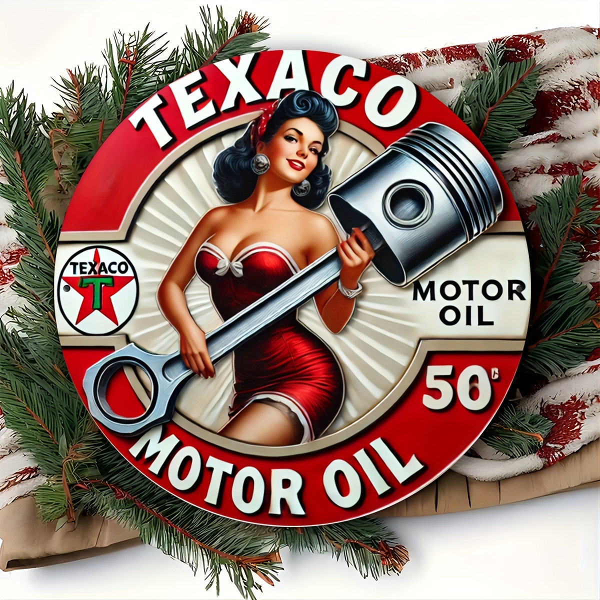 

Vintage Texaco Motor Oil Sign: 7.8 Inch Round Metal Decoration - Perfect For Garage, Porch, Home, Cafe, Bar, Club, Farmhouse - Artistic Gasoline Advertisement Poster